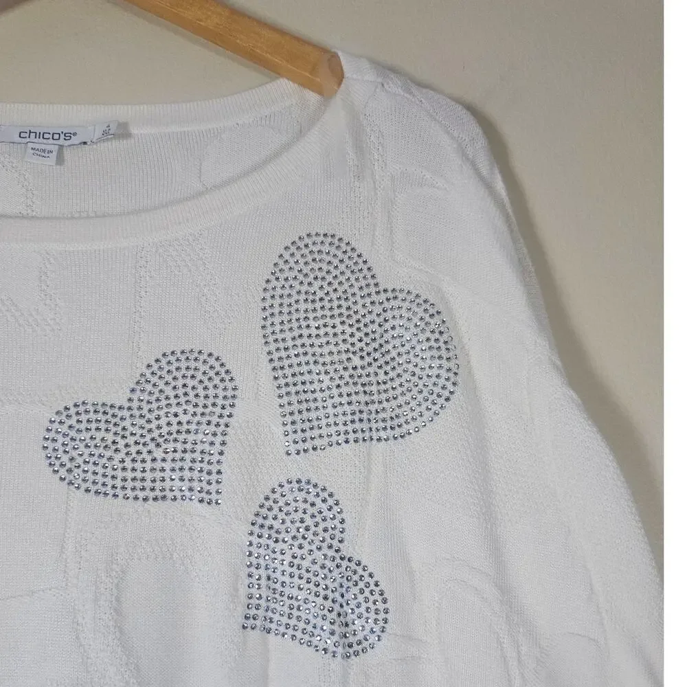 Chico's Embellished Valentine's Day Pullover Sweater Ecru Silver Rhinestones, 4